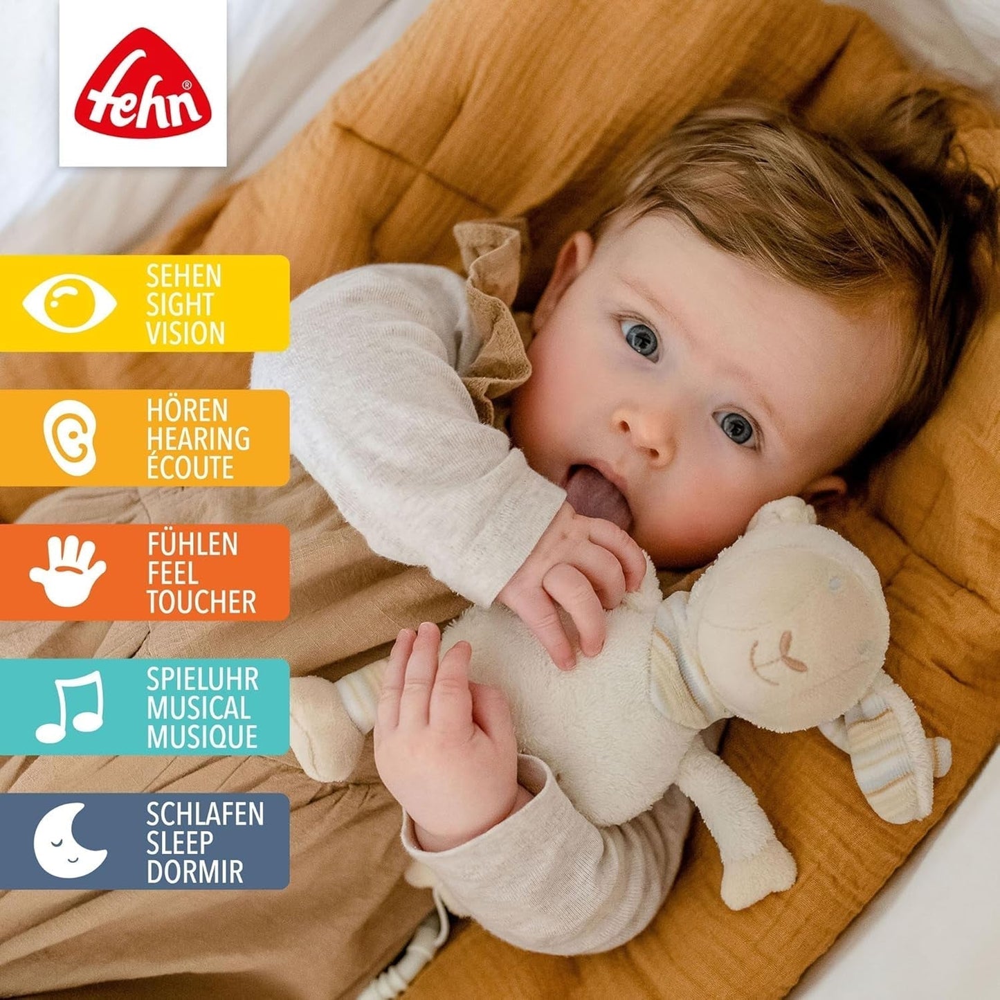 Fehn music box baby sleep aid ovečka - plyšová hračka s nástavcem - uspávací písnička "Brahms lullaby" - dětská hračka na cesty i domů - hudební hračky pro miminka a děti Bebe Naty Shop Toys