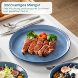 Steingut Geschirrset 6 Personen, vancasso ANYA Blau Teller Set Moderní 24 teilig, Tafelservice mit Speiseteller, Suppenteller, Desserttellern, Schüsseln, Geschirr Set Spülmaschinen und Mikrowellenfest