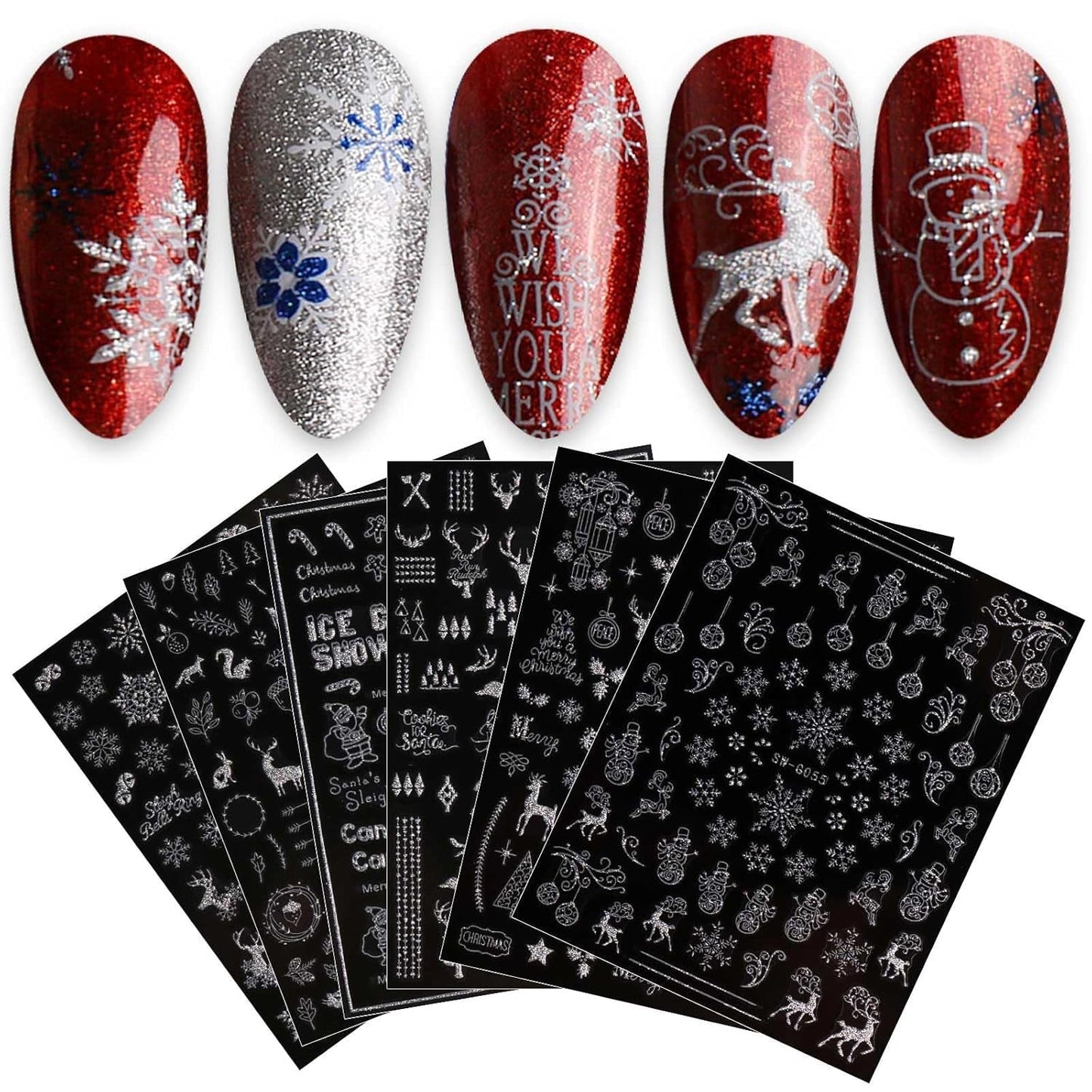 JMEOWIO Nagelsticker Weihnachten 9 Blatt Nail Art Sticker Selbtklebend Nagelaufkleber Schneeflocke Schneemann Festival Weißes Zlatá dekorace Nageldesign Zubehör