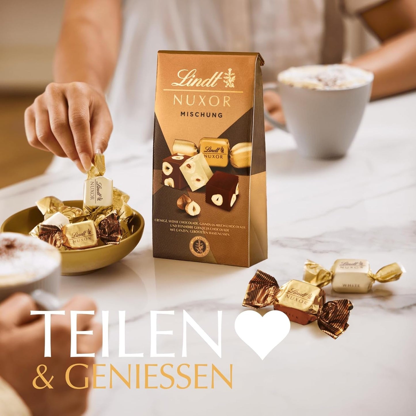 Lindt Čokoláda | Směs pro sáček NUXOR | 103 g | Gianduja smetanové čokoládové kostky ve třech sortimentech s praženými celými lískovými oříšky | Čokoládový dárek