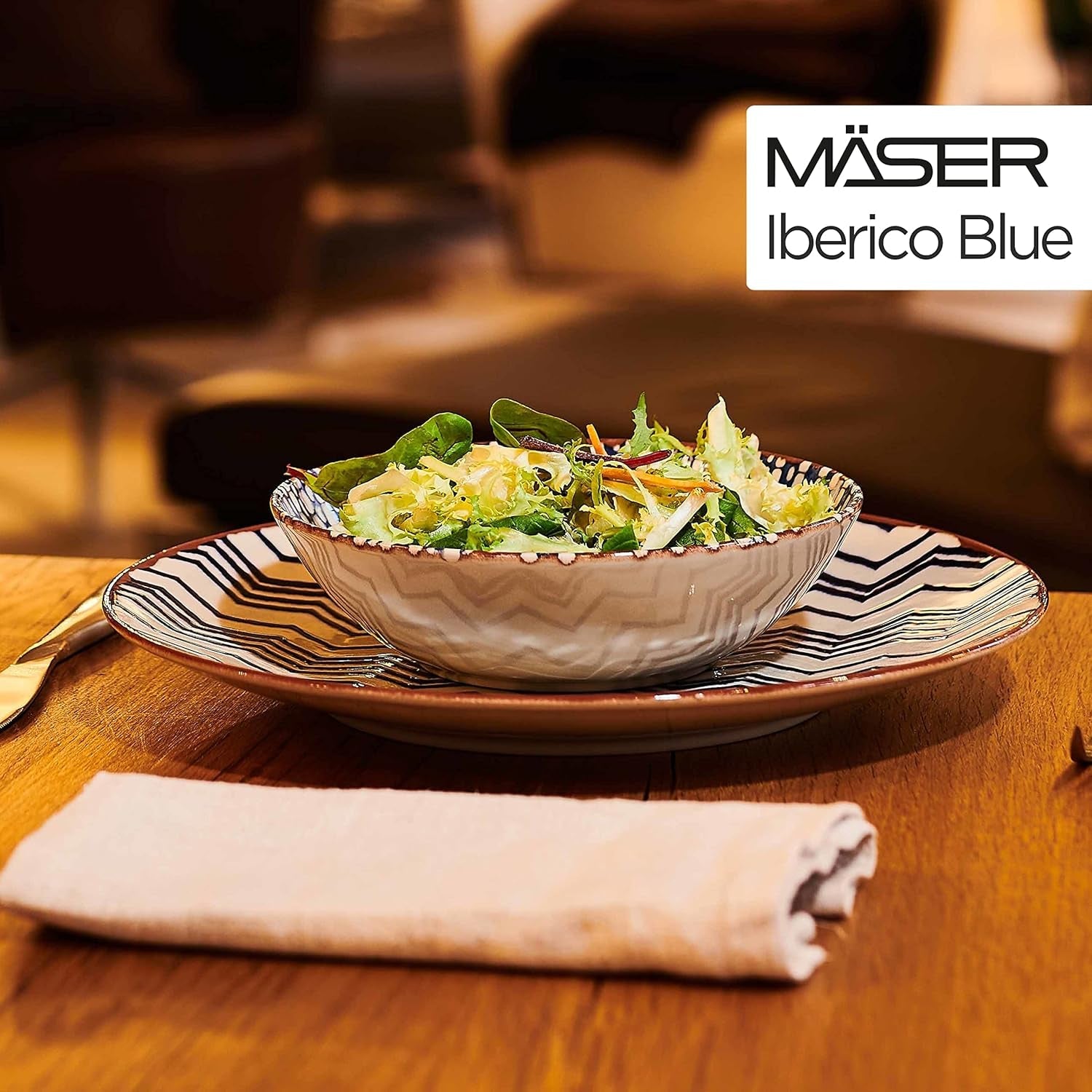 MÄSER 934017 Iberico Blue Jídelní set pro 4 osoby, 12dílný, maurský styl, různé vintage vzory v bílé a modré, keramika
