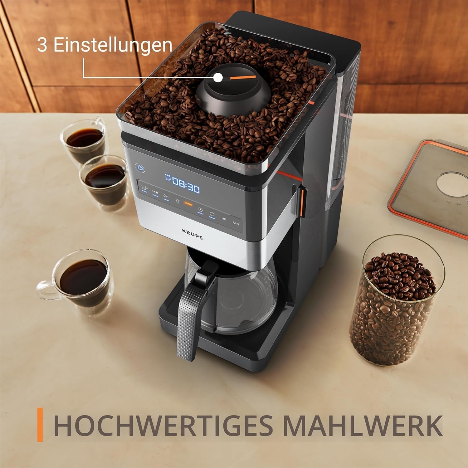 Espresso kávovar KRUPS Grind Aroma XL, odnímatelný kónický mlýnek, digitální ovládací panel, kapacita XL (1,5 l), funkce udržování teploty, skleněná karafa, černá/nerezová ocel, KM842810