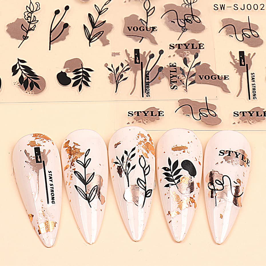 JMEOWIO Nálepka na nehty Rose Gold Schwarze Blume 12 Blatt Nálepka na nehty Selbtklebend Nagelaufkleber Frühlings Linie Abstraktes Blatt Dekoration Nageldesign Zubehör