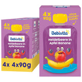 Sáčky s borůvkami, jablky a banány - 16 (4 balení, každá 4 x 90 g), bez přidaného cukru, bez lepku, ideální pro s sebou a svačiny na cestách