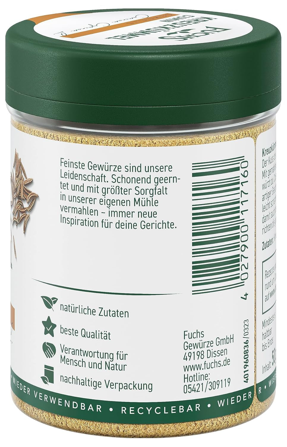 Fuchs Gewürze - Kreuzkümmel gemahlen - zum Würzen von Couscous, Hummus und Falafel - přírodní složky - 50 g v wiederverwendbarer, recyclebarer Dávka