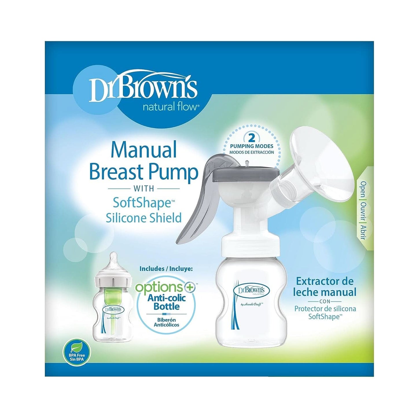 Manuální odsávačka mateřského mléka se 100% silikonovou ochranou Softshape (B, 25mm příruba) a antikolikovými doplňky + 150ml širokoúhlá láhev se savičkou úrovně 1 s pomalým průtokem Příslušenství Potraviny a kojení Bebe Naty Shop