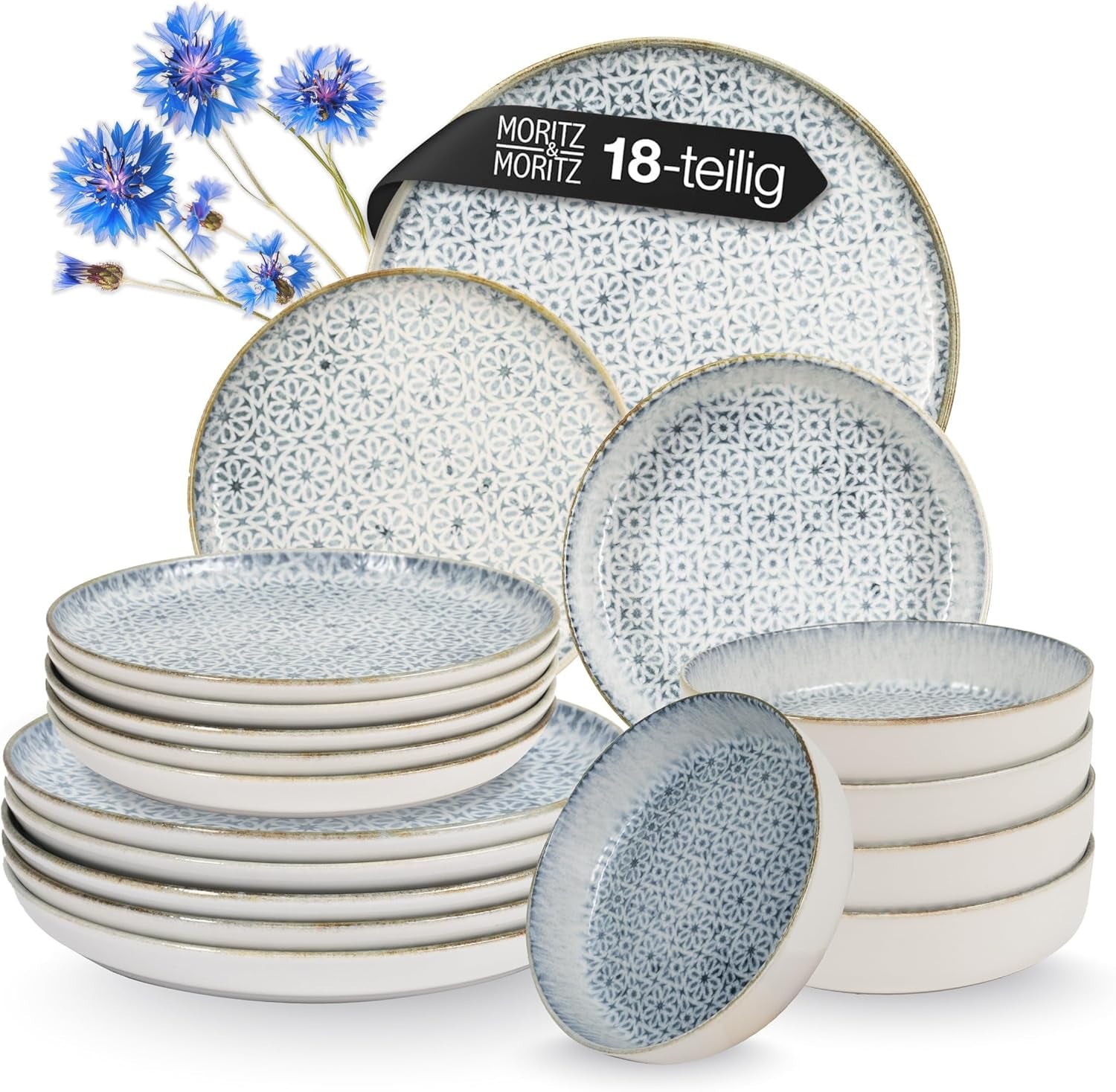 Sada nádobí Moritz & Moritz ALHAMBRA pro 6, 18 kusů, vysoce kvalitní porcelán – moderní modré nádobí – sada se snadnou údržbou obsahující 6 talířů, 6 dezertních talířů a 6 misek