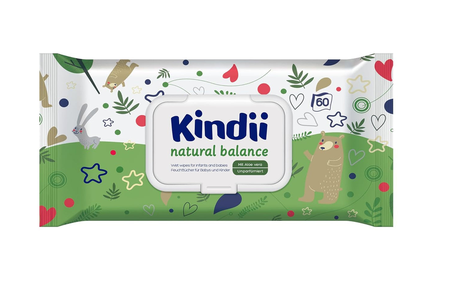 Kindii Natural Balance vlhčené ubrousky pro miminka – (1 x 60 ks) Vlhčené ubrousky pro miminka a děti – Ochranné, Aloe Vera, Jemná vůně – 60 ks.