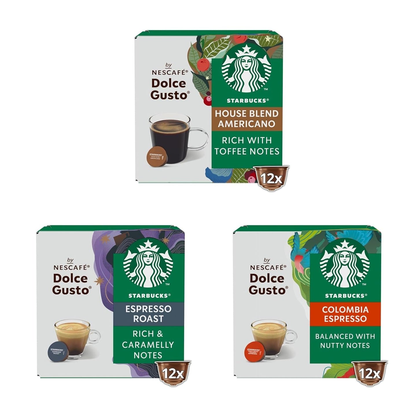 STARBUCKS Probierset, Espresso-Varianten od Nescafé Dolce Gusto Kaffeekapseln 6 x 12 (72 Kapsel) - Exklusiv bei Amazon