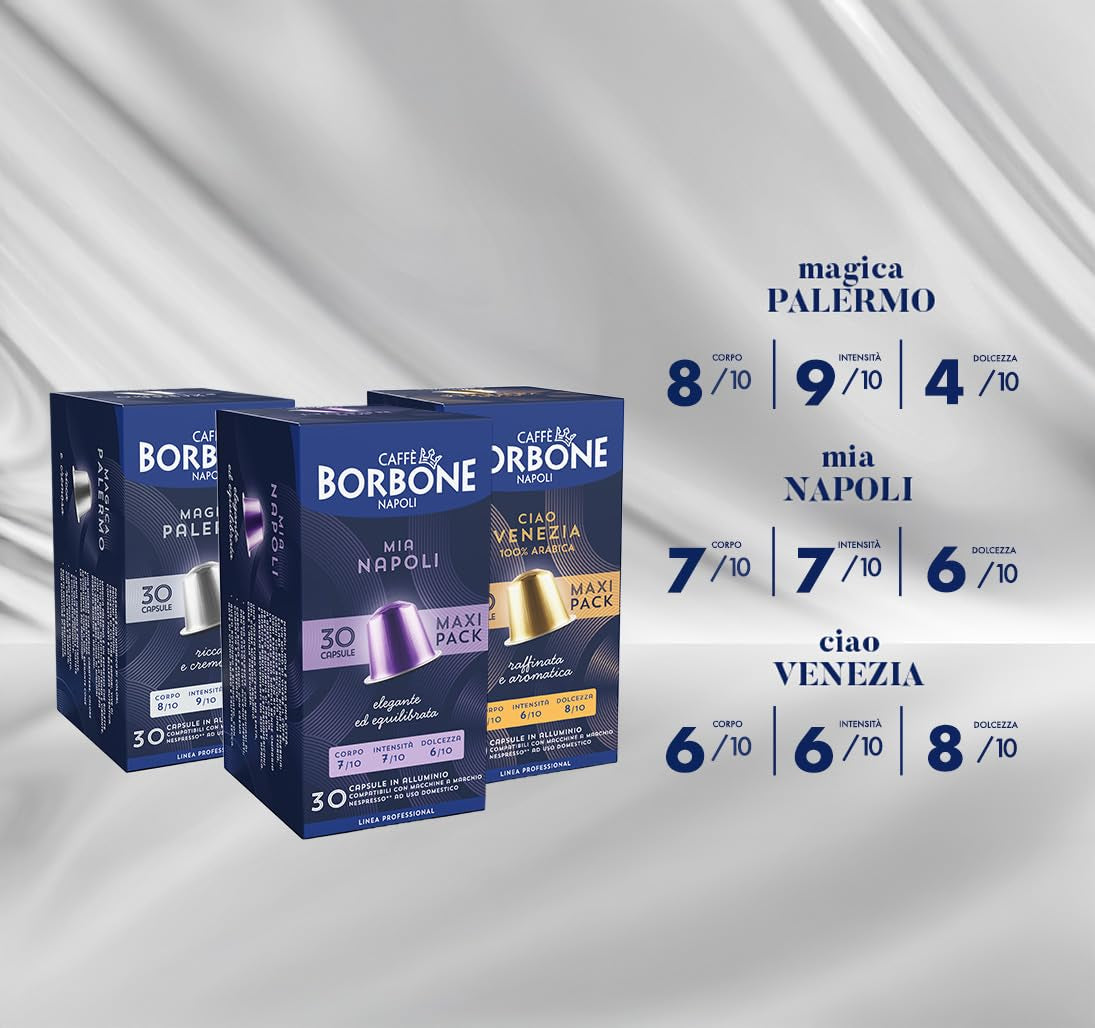 Caffè Borbone Verkostung Kit, 90 hliníkových kapslí: 30 Mia Napoli, 30 Ciao Venezia, 30 Magica Palermo, (3 x 30 Stück) – kompatibilní s Kaffeemaschinen für den Hausgebrauch značky Nespresso®*