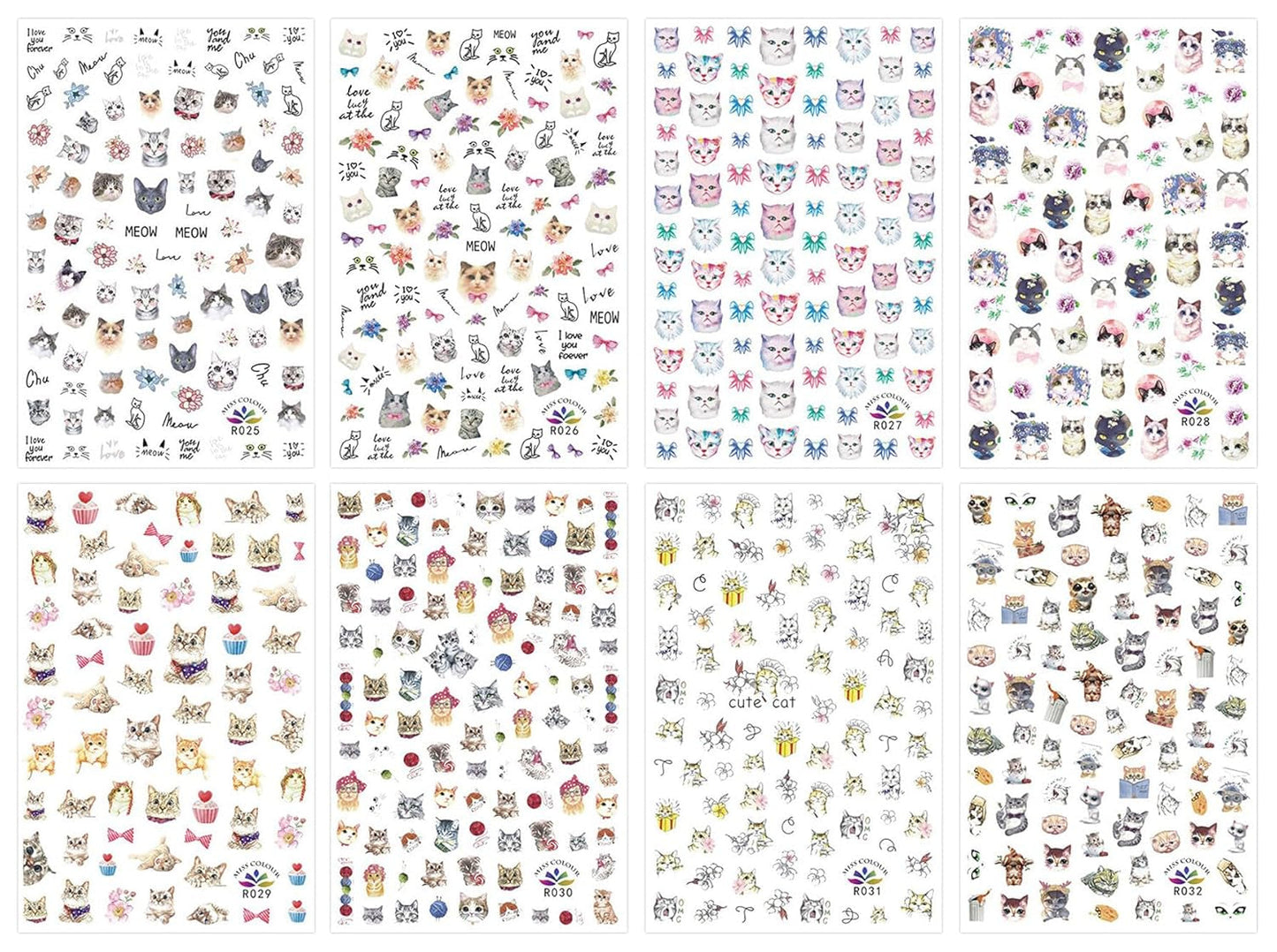 JMEOWIO Nálepka na nehty Tierische 8 Blatt Nálepka na nehty Selbstklebend Nagelaufkleber Katze Niedlich Dekoration Nageldesign Zubehör