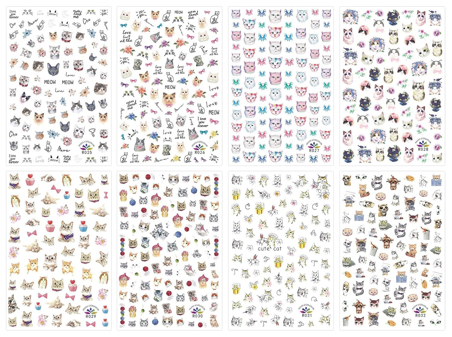 JMEOWIO Nálepka na nehty Tierische 8 Blatt Nálepka na nehty Selbstklebend Nagelaufkleber Katze Niedlich Dekoration Nageldesign Zubehör