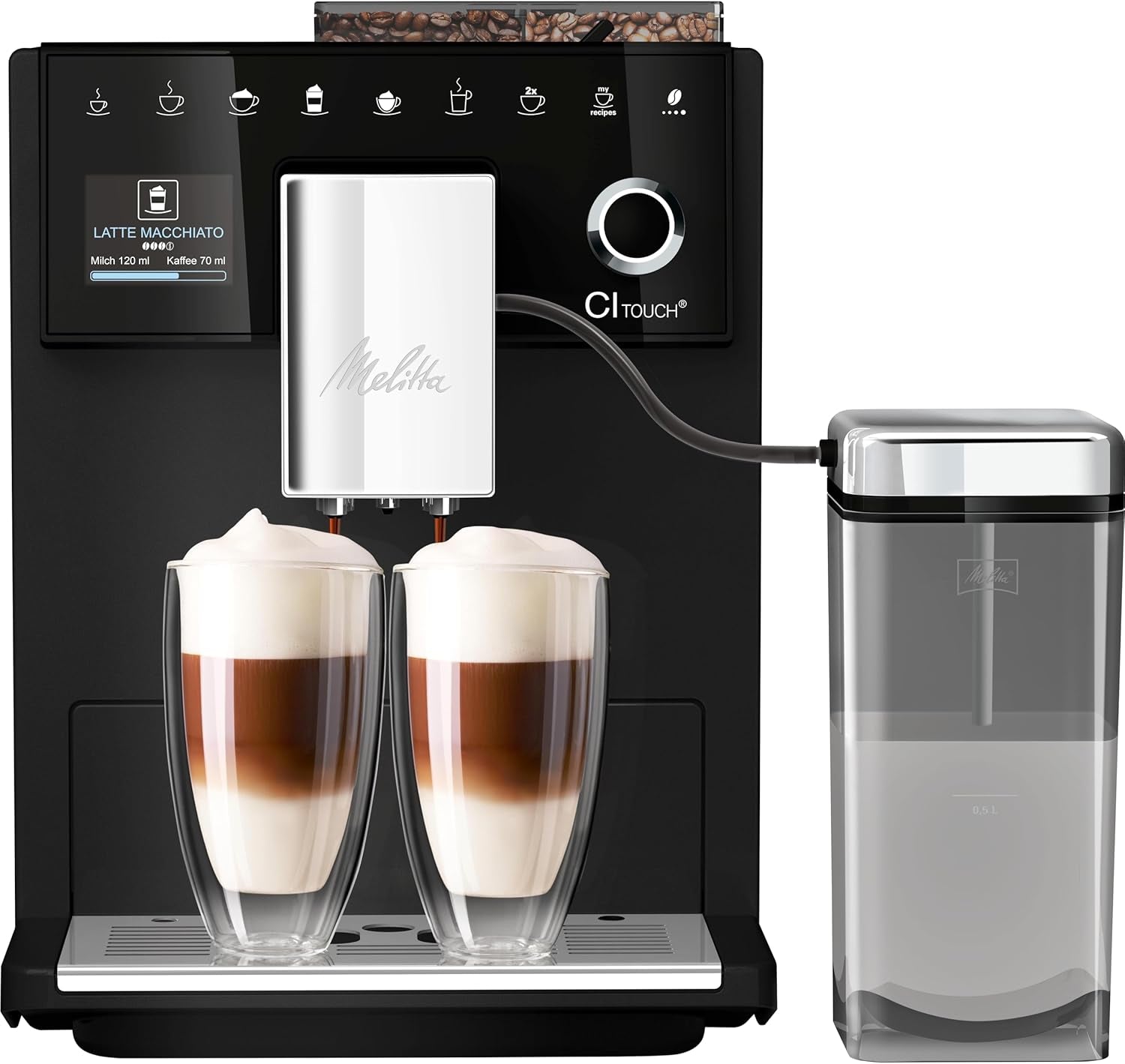 Melitta CI Touch - Plně automatický espresso kávovar s mléčným systémem, espresso kávovar s integrovaným mlýnkem na kávu a napěňovačem mléka, kupř. na espresso nebo cappuccino, stříbrná