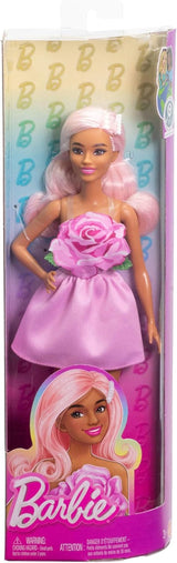 Panenka Barbie Fashionistas č. 238 s pastelově růžovými vlasy, šaty bez ramínek s růžovým živůtkem, perleťovou sponou do vlasů a vysokými podpatky a sponou, HYT94