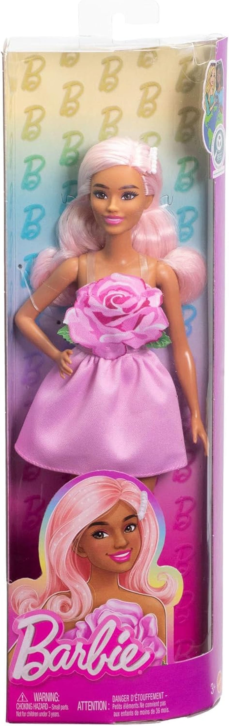 Panenka Barbie Fashionistas č. 238 s pastelově růžovými vlasy, šaty bez ramínek s růžovým živůtkem, perleťovou sponou do vlasů a vysokými podpatky a sponou, HYT94