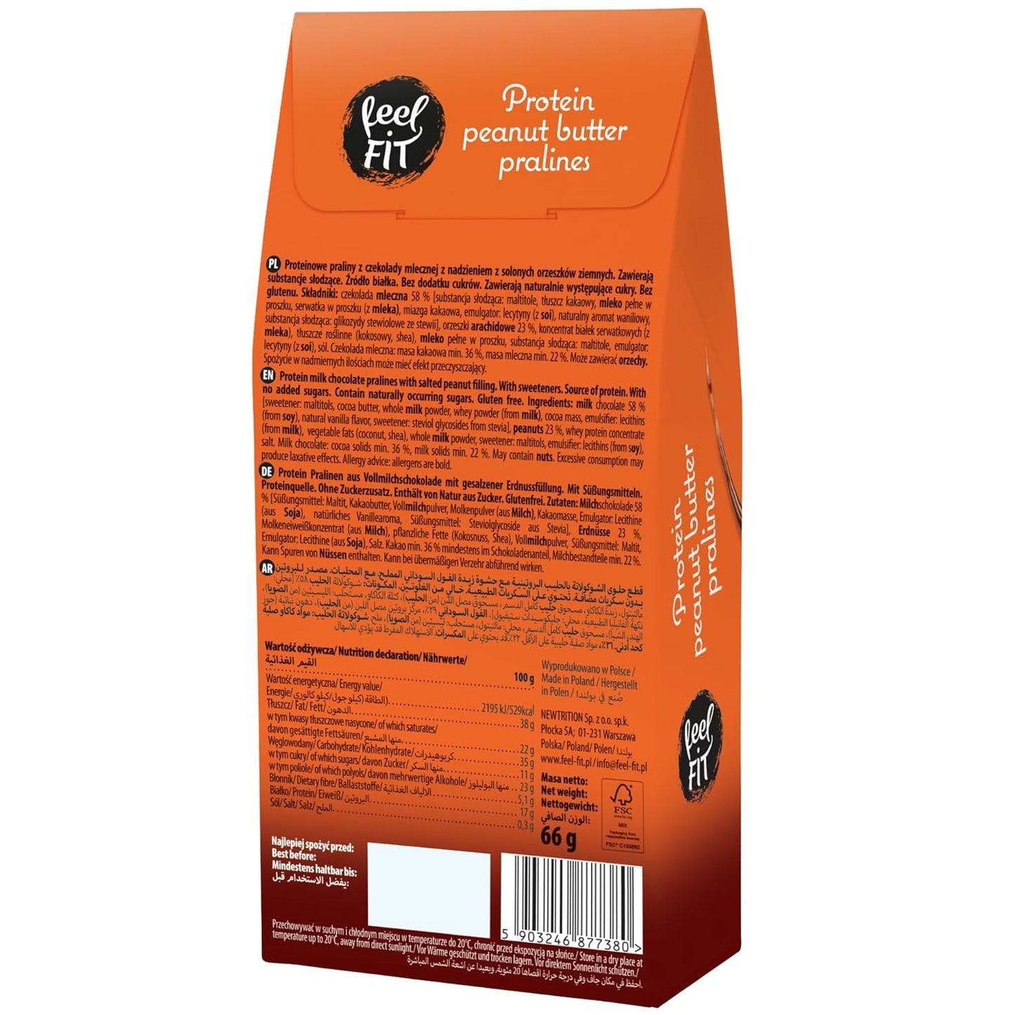 Feel FIT proteinové pralinky s arašídovým máslem ve vysoce kvalitní mléčné čokoládě, bez přidaného cukru, 17 % proteinu, bez lepku 66 g (1 balení)