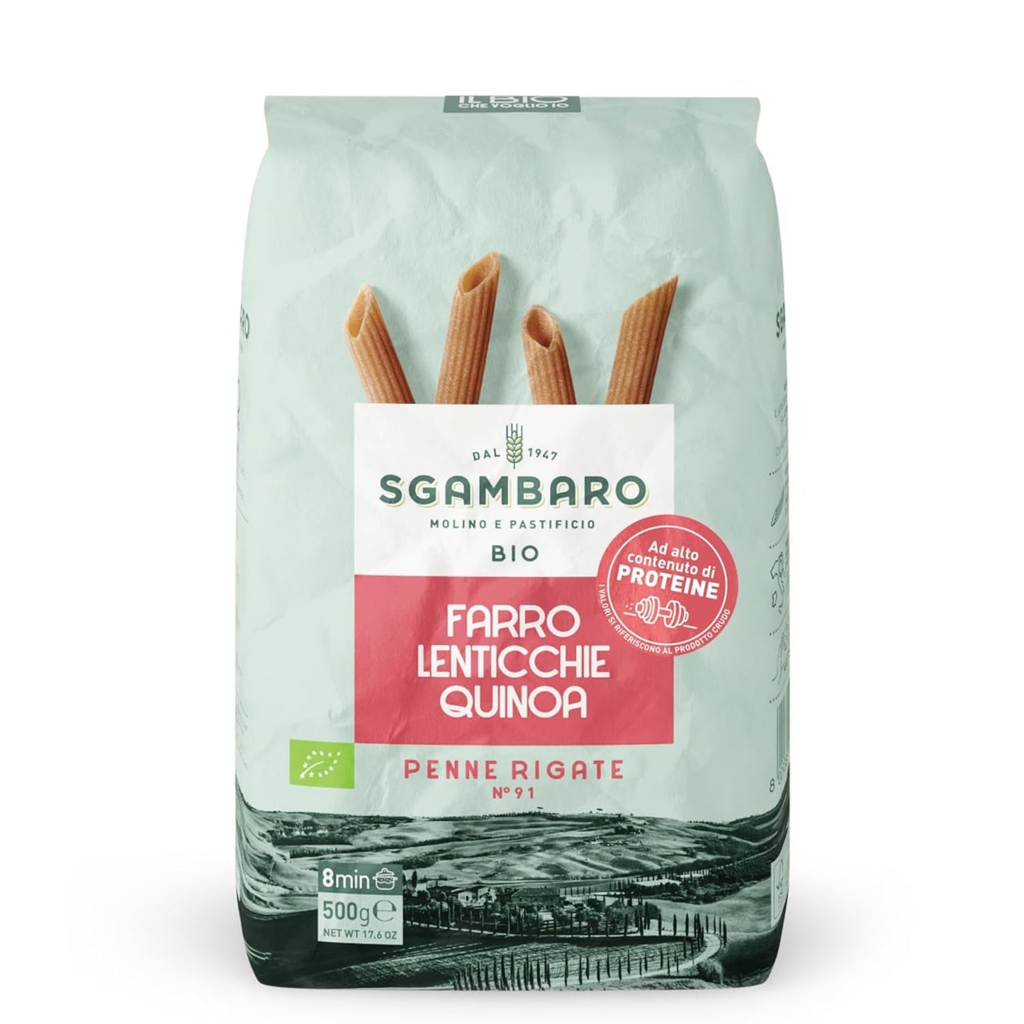 Bio těstoviny Penne Rigate N.91 - 500 g se špaldovou moukou, čočkovou moukou a moukou z quinoy - Bohaté na bílkoviny, zdroj vlákniny a bílkovin