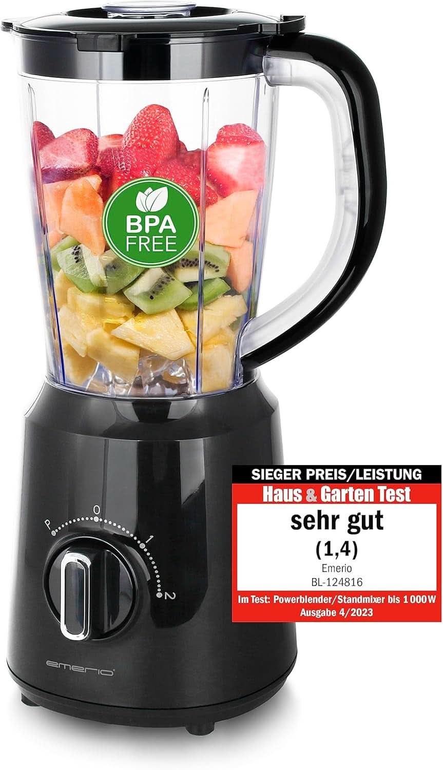 Emerio Standmixer BPA Frei Crush Ice Funktion 1.5L Behälter 2 Geschwindigkeiten + Pulse Funktion Messereinheit Aus Edelstahl Sicherheitsschalter Geschirrspülgeeignet 500 Watt BL-12816.8 Schwarzp Schwarzp Bucatarie Naty