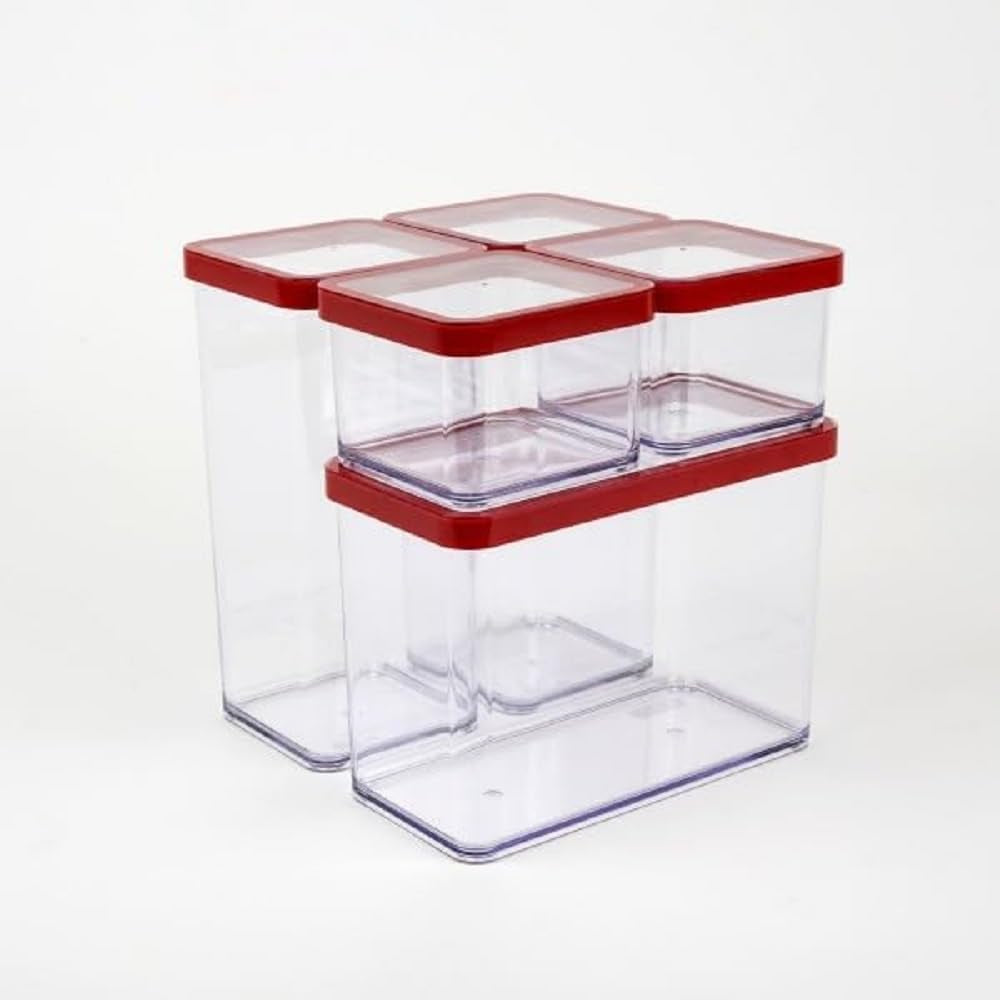 Sada 5 úložných dóz Rotho Loft s víčkem, různé velikosti, potravinářský plast (PP) bez BPA, průhledná/červená, (21,4 x 21,4 x 23,5 cm) Sada 5 ks boxů na skladování potravin Naty Shop (1 x 2,1 l + 2 x 1,5 l + 2 x 0,5 l)