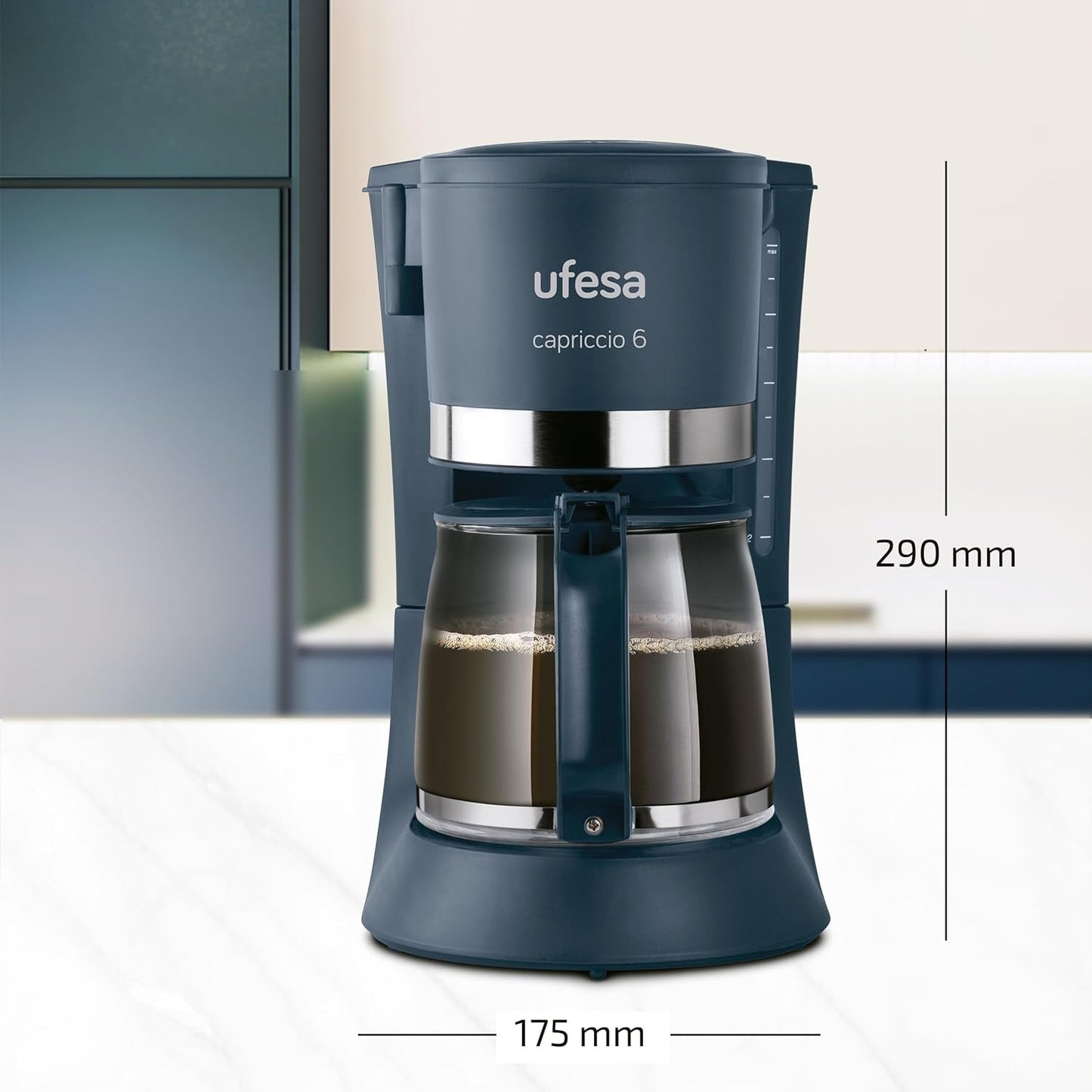 Ufesa CG7114 Capriccio kávovar filtrační, 6 šálků, 600W, karafa 0,6L, systém proti odkapávání, automatické vypínání, modrá
