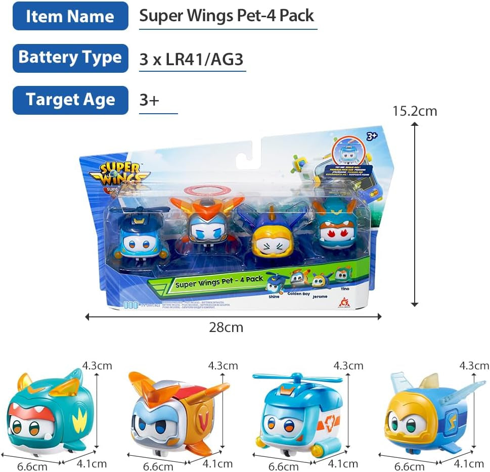 Super Wings Super Pets 4 KS Shine, Golden Boy, Jerome, Ellie Přenosná hračka s přepínatelným výrazem obličeje Bleskový efekt pro 3 4 5 6 7 8letého chlapce Dívka 2palcové akční figurky Naty Shop