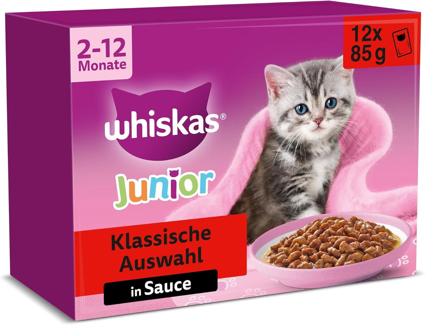 Whiskas Junior Classic Selection Mokré krmivo pro kočky v omáčce, 48 sáčků, 12 x 85 g (balení 4 ks) - Vysoce kvalitní vlhké krmivo pro rostoucí kočky, 2 až 12 měsíců