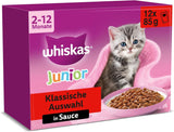Whiskas Junior Classic Selection Mokré krmivo pro kočky v omáčce, 48 sáčků, 12 x 85 g (balení 4 ks) - Vysoce kvalitní vlhké krmivo pro rostoucí kočky, 2 až 12 měsíců