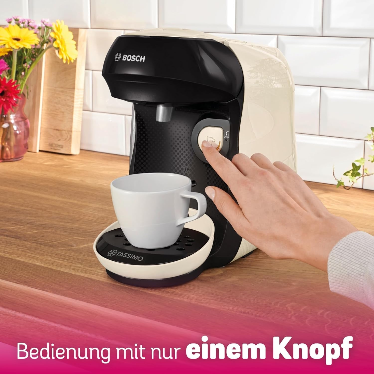 Bosch Tassimo Happy Friendly kávovar na kapsle TAS107E, 70+ nápojů, vhodný pro všechny šálky, Auto-Stop, udržitelný, perfektní dávkování, úspora místa, 1400 W, krémová/černá