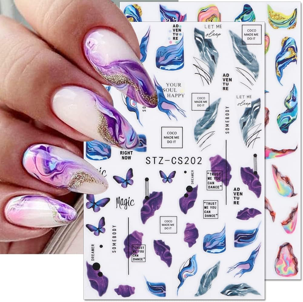 6 Blatt 3D Lila Schmetterling Samolepky na nehty Selbtklebend Nagelaufkleber Schmetterlinge Samolepky na nehty Bunte Blühen Marmor Nagel Stickers Regenbogen Welle Linien Nail Art Aufkleber Nageldesign Zubehör