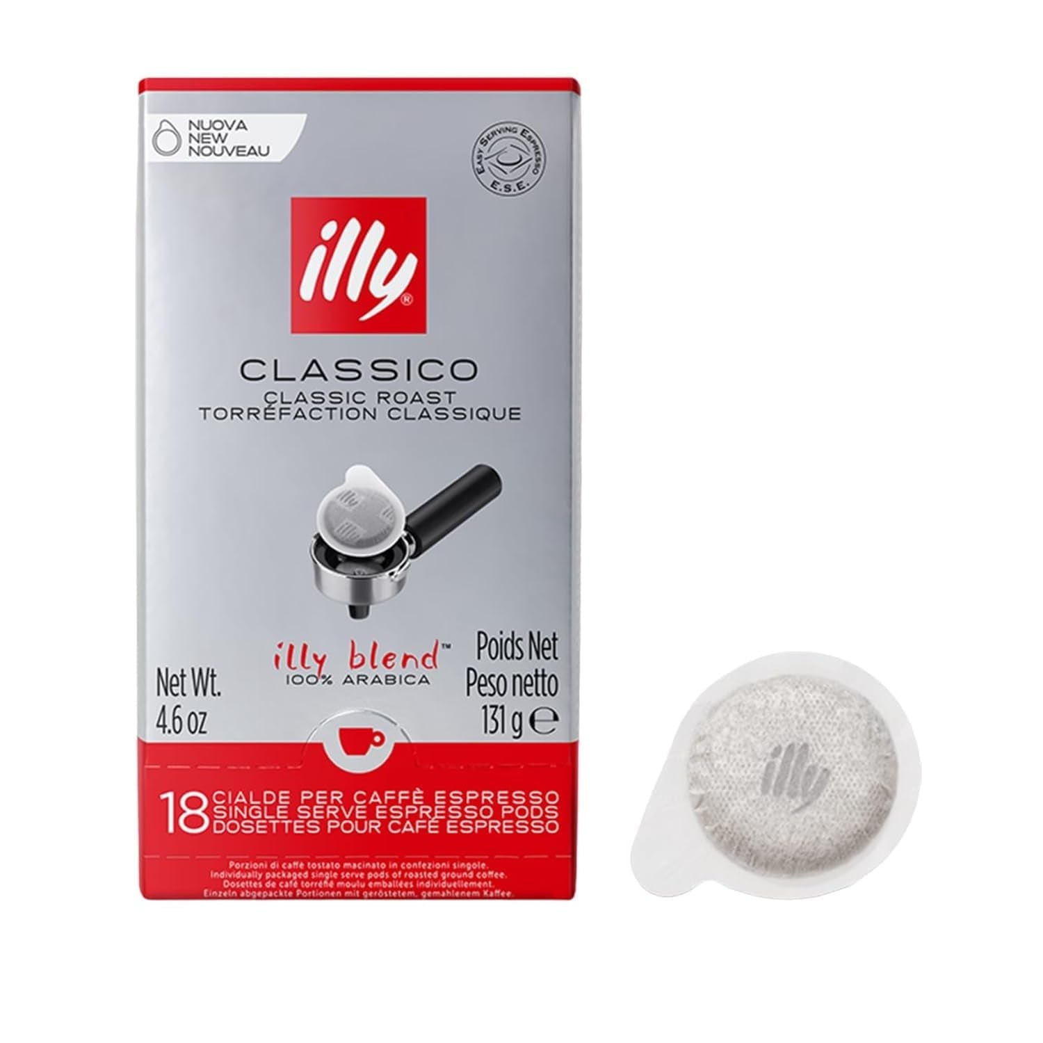 illy, Kaffee E.S.E. Podložky Einzeldosis CLASSICO, 100% Arabica s poznámkou von Orangenblüten und Jasmin, Sanfter Gesmack und Süßer Nachgeschmack, 1 Packung mit 18 compostierbaren kapselsn