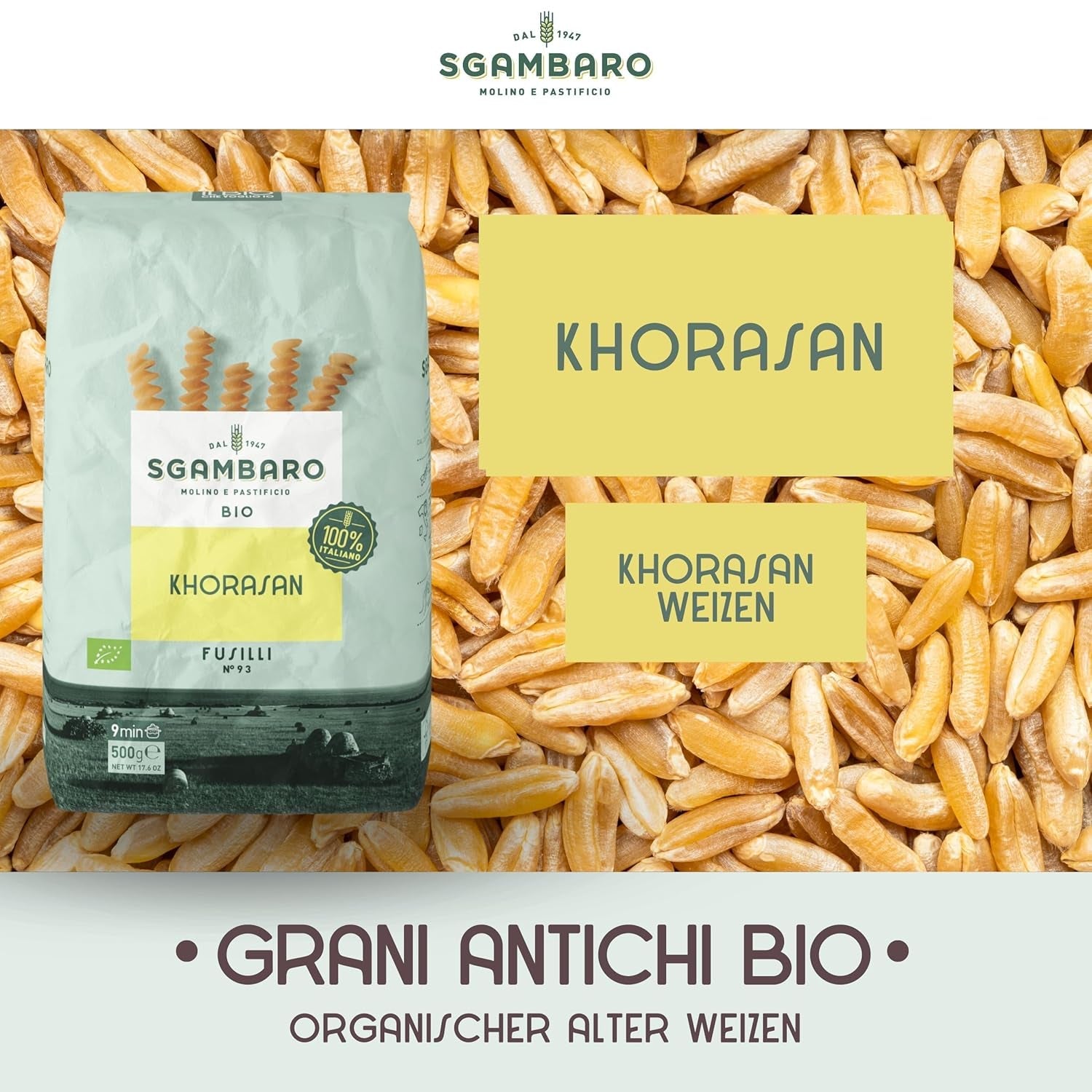 Organické těstoviny Fusilli č. 93 - 500 g pšenice Khorasan - starověká pšenice, s vysokým obsahem bílkovin, 100% vypěstované v Itálii - všestranné v kuchyni a bohaté na živiny