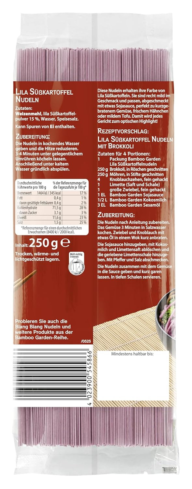 Bamboo Garden - Fialové sladké bramborové nudle | Tenké nudle s jemnou ořechovou příchutí | Ideální do mís a salátů | Rychlá příprava 250g sáčku