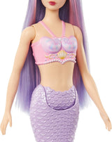 Panenka Barbie mořská víla s růžovými a lila ozdobnými vlasy a čelenkou, panenka s mušlí a levandulová panenka s modrým ocasem, panenky HRR06 Naty Shop