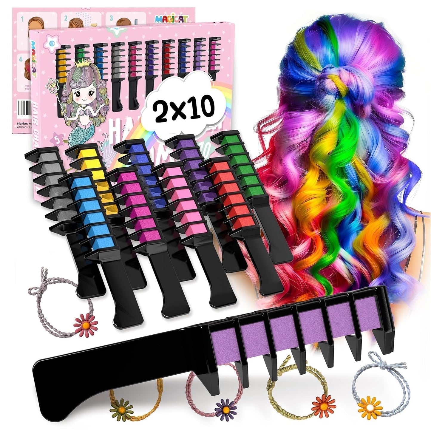 Magicat Hair Chalk for Girls Set I 10 smývatelných barev a 5 vlasových sponek I Dárek pro dívky od 4 let do 10 let I Kreativní dárek pro dětskou narozeninovou oslavu 2025 I Bezpečná a barevná barva na vlasy Naty Shop 400 G (1 balení)