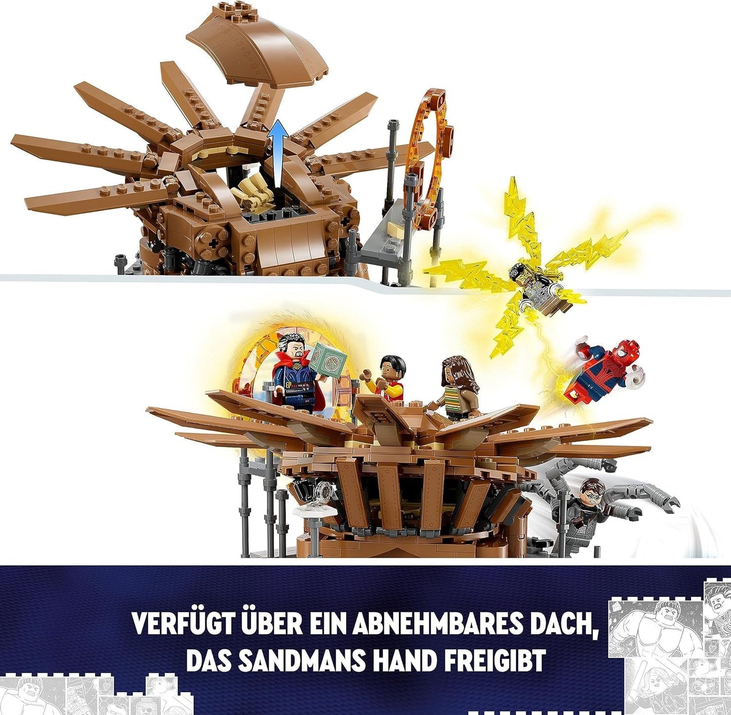 Sada LEGO 76261 Marvel Spider-Man's Big Showdown, Spider-Man: No Way Home se 3 minifigurkami Peterem Parkerem a zeleným skřítkem, Electro, Sandman, Ned, Doctor Strange a MJ, sběratelský model Stavebnice Besuche den LEGO-Store