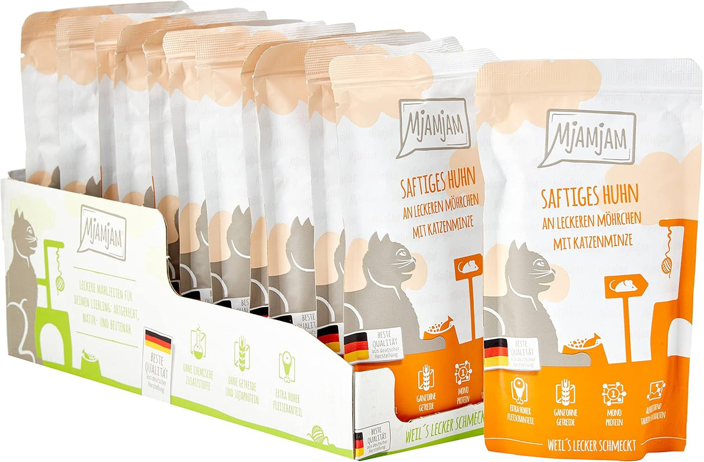 MjAMjAM - prémiové mokré krmivo pro kočky - stlačitelná kapsička - šťavnaté kuře s lahodnou mrkví 12 balení (12 x 125 g) bez obilovin s extra masem