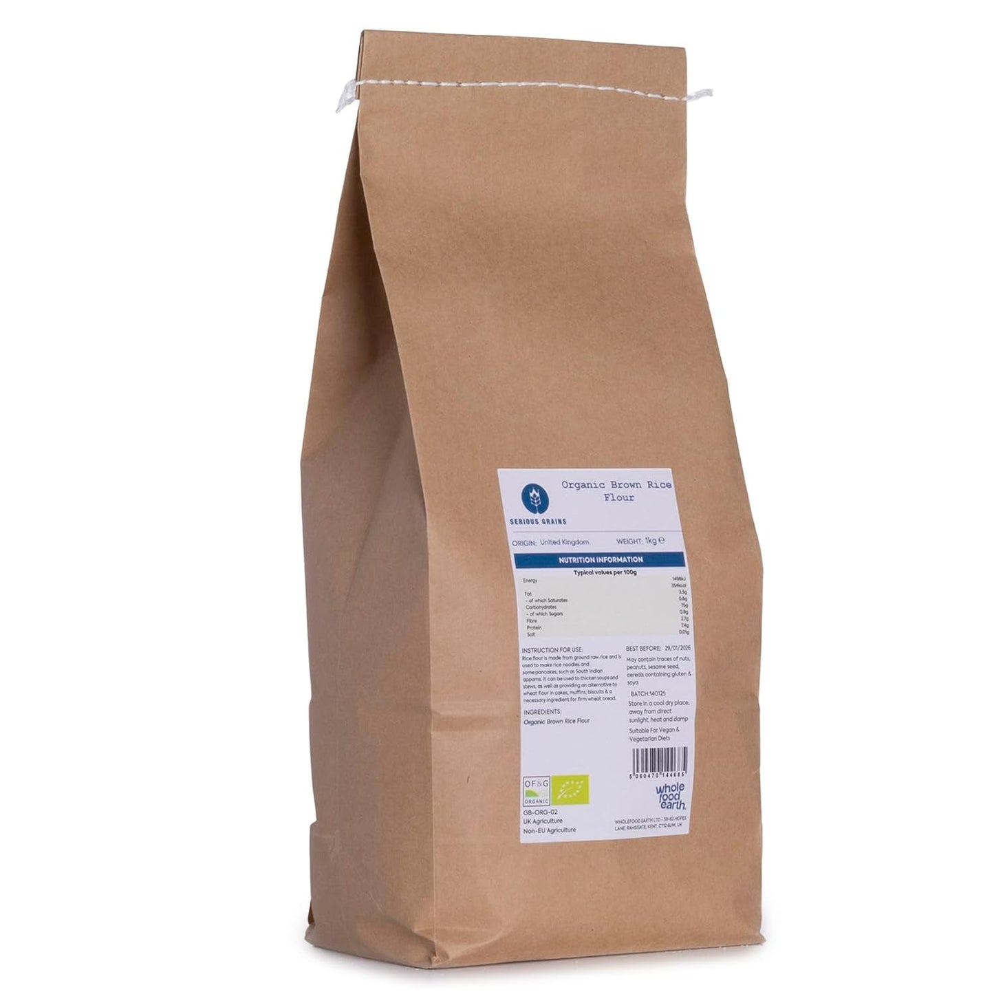 Wholefood Earth BIO hnědá rýžová mouka – 3 kg | Kamenná půda | Bez GMO | Certifikované organické