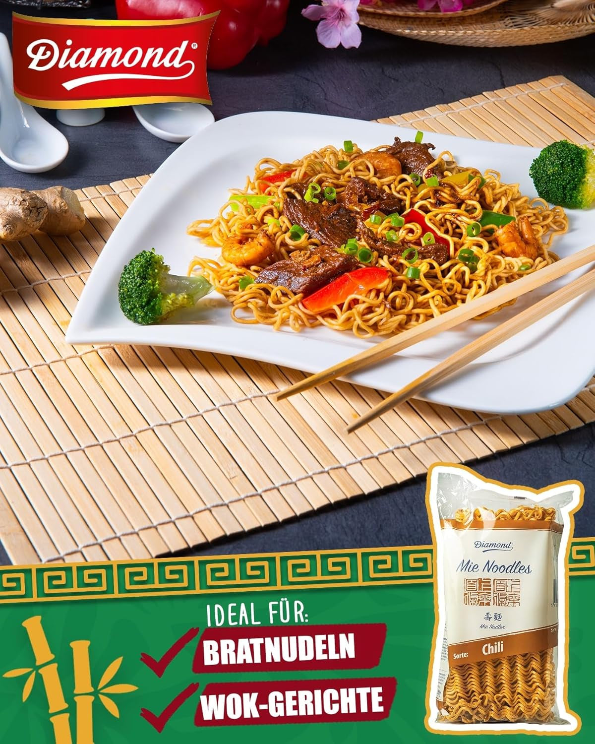 DIAMANTOVÉ Mie Chili nudle, pšeničné nudle s chilli práškem, bez vajec, rychlé a snadné, vegetariánské - 1 x 250 g