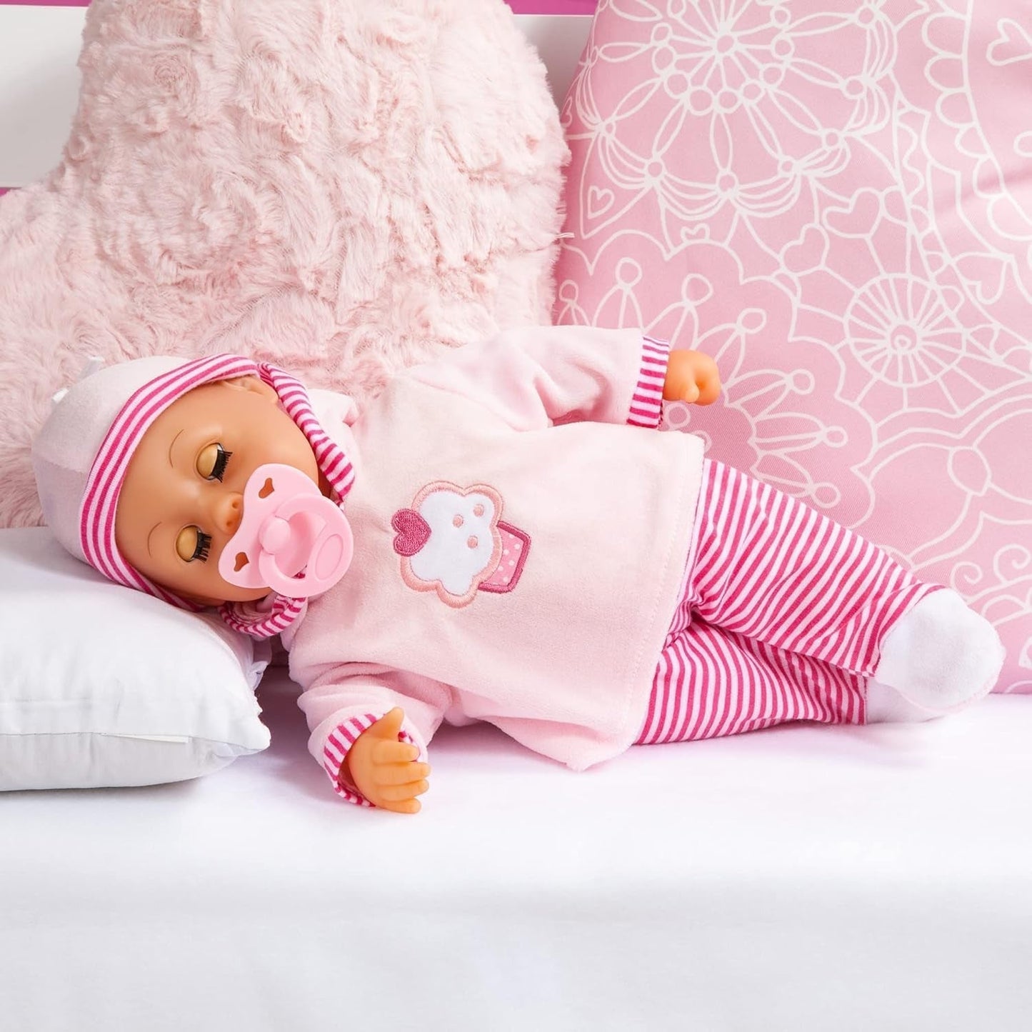 Panenka First Words s ospalýma očima, mluví 24 dětskými zvuky, s panenkou a lahvičkou, 38 cm, růžové/pruhy Naty Shop Dolls
