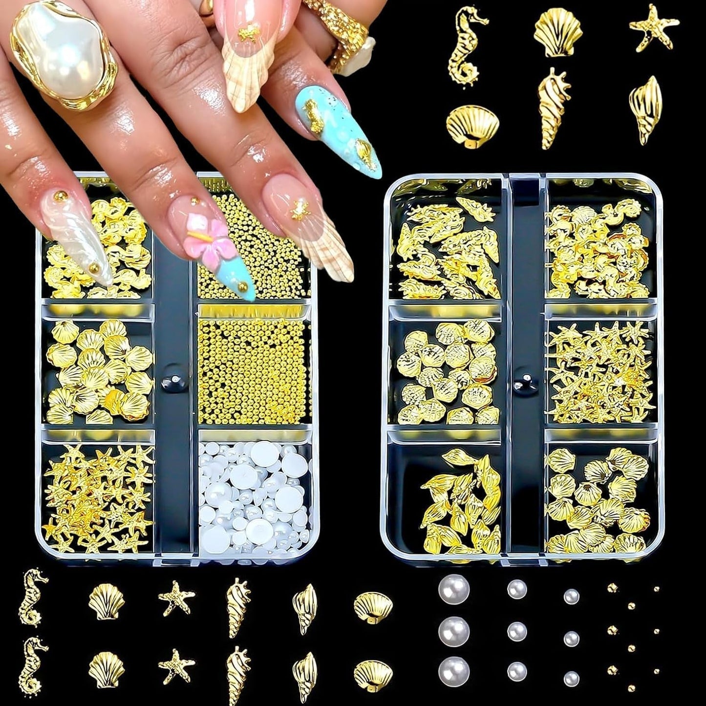 Nail Charms,6 Boxen Gold Silver Nagel Charms 3D Gold Bogen Stern Art Dekoration+6200 Strassstein ​​Bunt Steine ​​​​AB Perlen Diamanten, 3D Legierung Bow Nail Gems Nagel Deko Für Frauen Nagel (6-A)