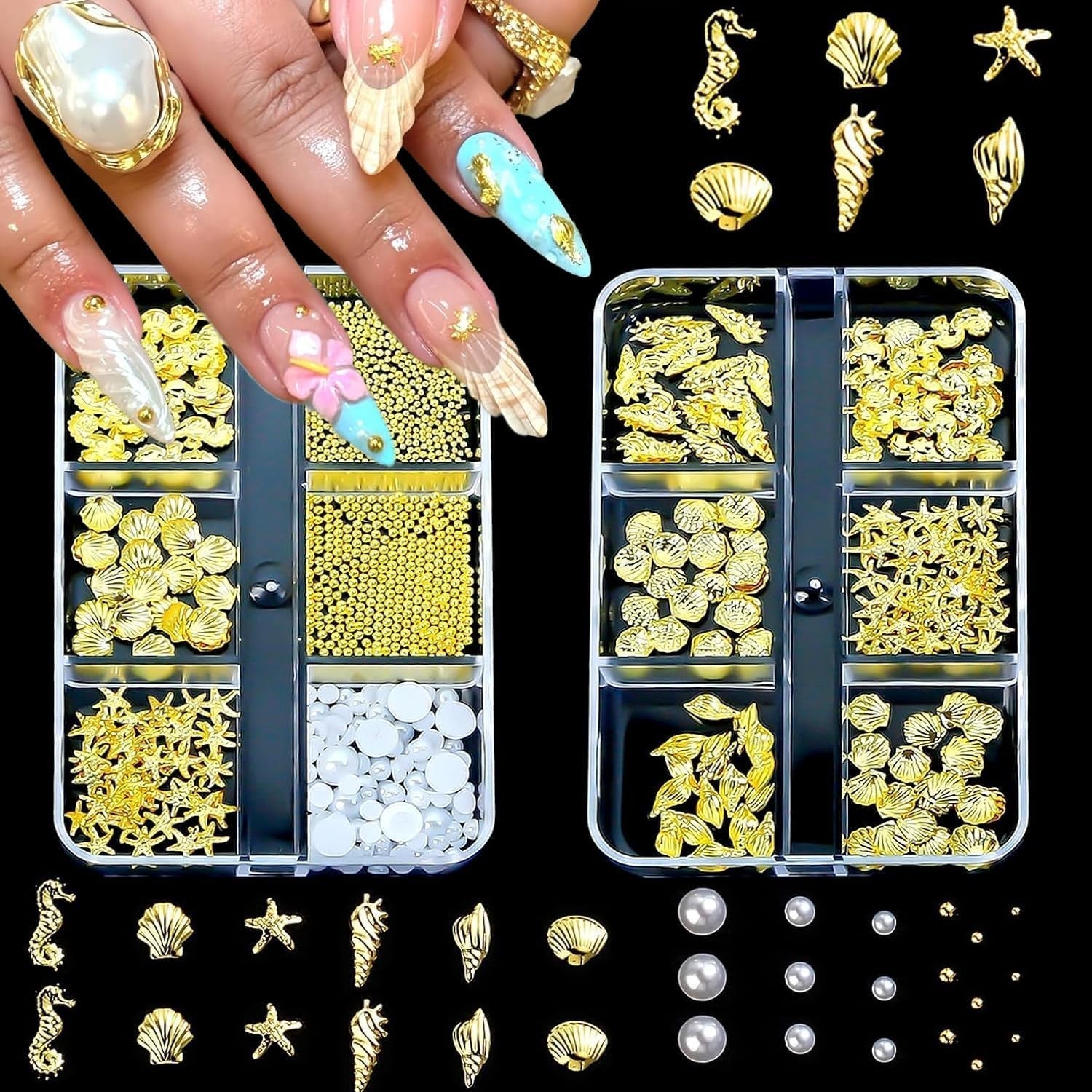 Nail Charms,6 Boxen Gold Silver Nagel Charms 3D Gold Bogen Stern Art Dekoration+6200 Strassstein ​​Bunt Steine ​​​​AB Perlen Diamanten, 3D Legierung Bow Nail Gems Nagel Deko Für Frauen Nagel (6-A)
