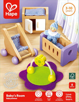 Hape Baby Room - Dřevěná sada pokojíčku pro panenky, Nábytek pro panenky, Doplňky k domečku pro batole, Miniaturní dětský pokoj s houpačkou a doplňky, 3 roky stará hra na hraní