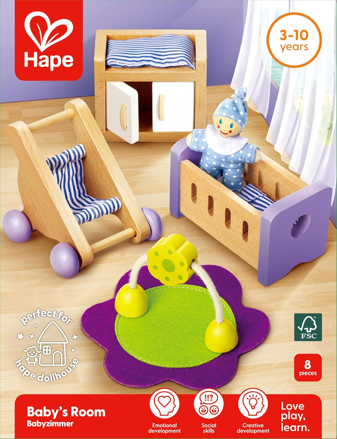 Hape Baby Room - Dřevěná sada pokojíčku pro panenky, Nábytek pro panenky, Doplňky k domečku pro batole, Miniaturní dětský pokoj s houpačkou a doplňky, 3 roky stará hra na hraní