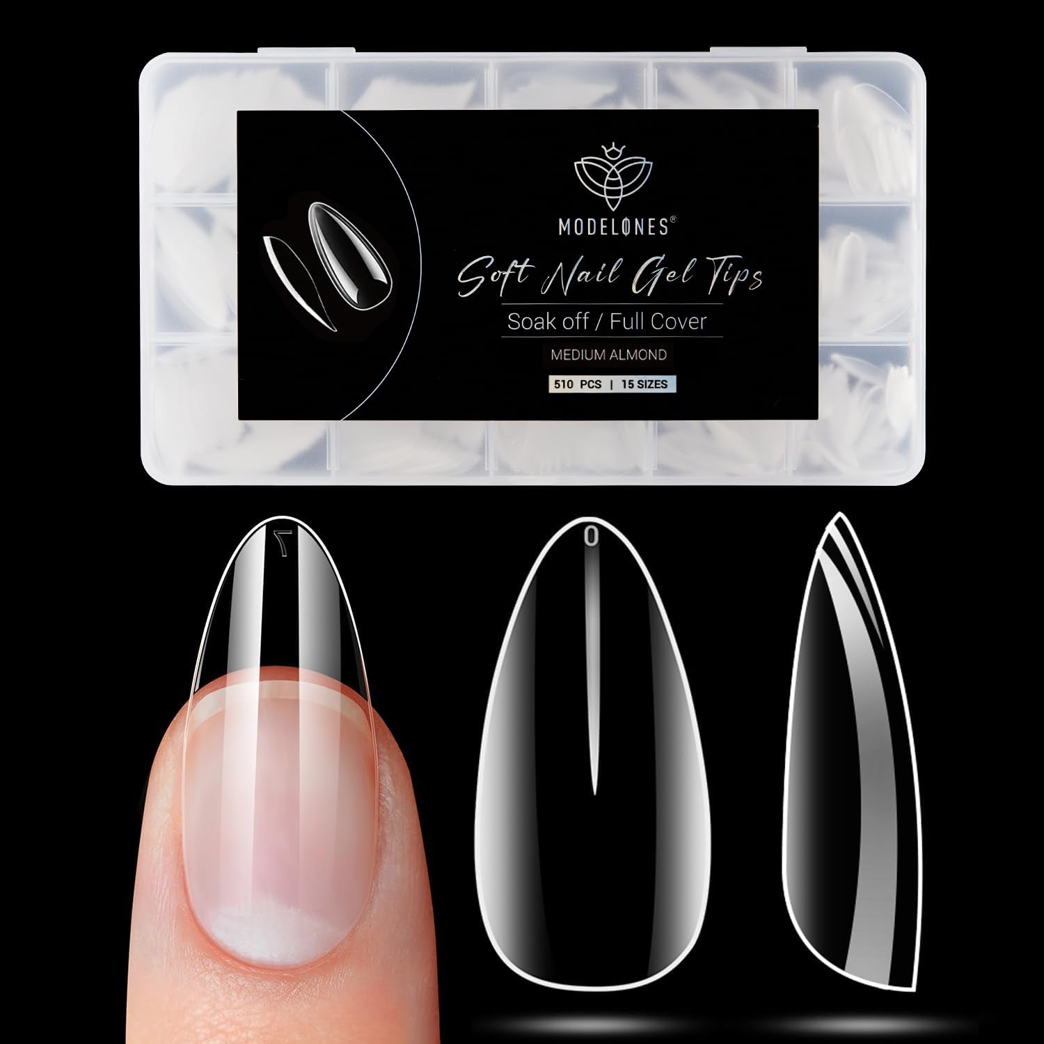 Modelones Nail Tips 510 kusů – sada nehtových špiček s úplným krytem, ​​sada gelových špiček, předleštění špiček na nehty s PMMA pryskyřicí, umělé nehty pro lepení nail art DIY, krátký squoval