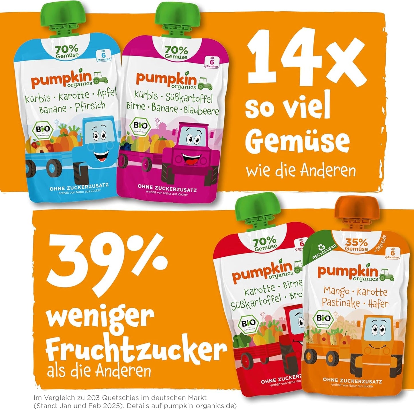 Pumpkin Organics sáčky biozeleniny a cereálií, balení 8 ks: Hruška, Jahody, Batáty, Červená řepa, Banán, Oves - Bez přidaného cukru¹ - Od 6 měsíců - jako svačina nebo doplňková strava v balení (8 x 100 g)