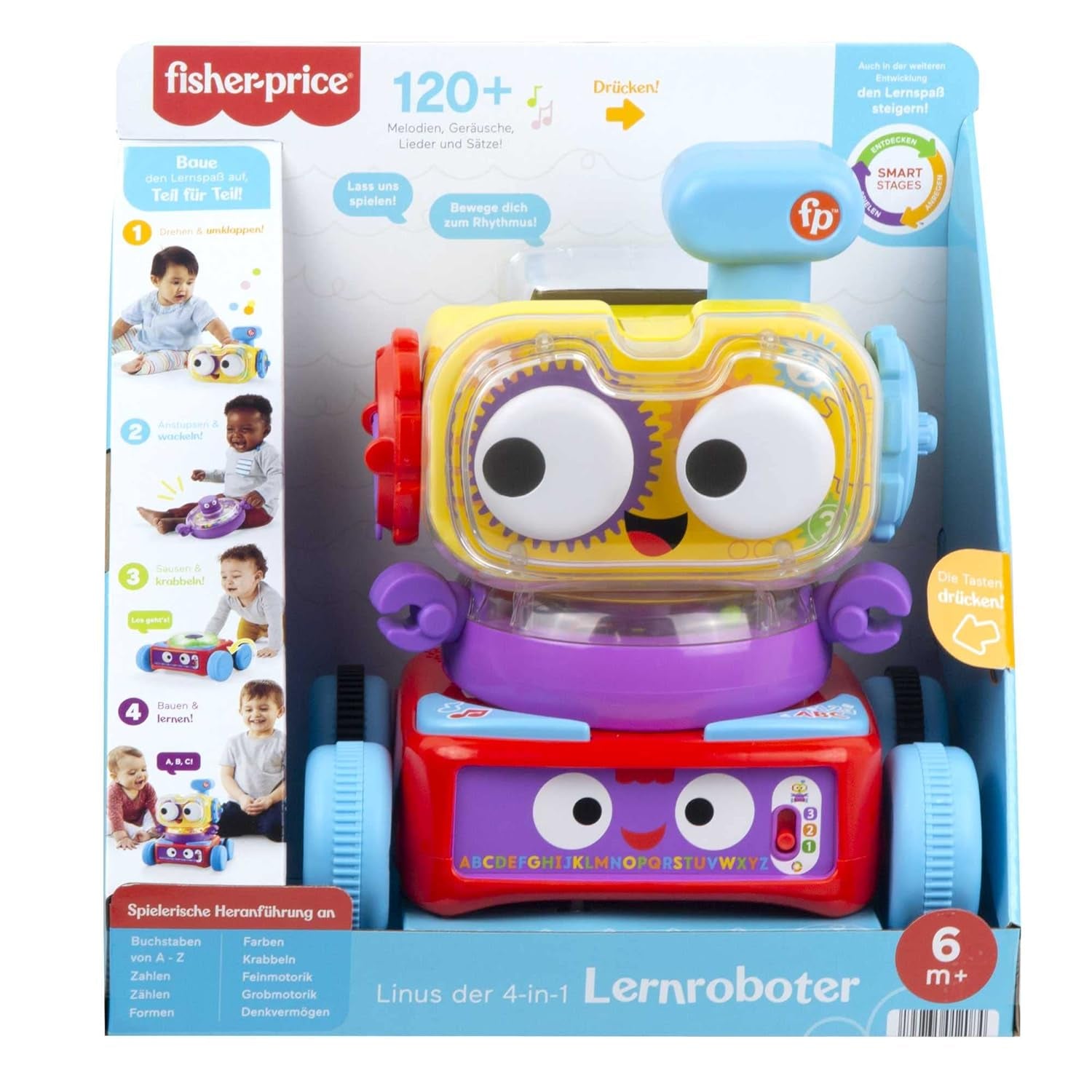 Fisher-Price 4 v 1 učící robot Linus pro miminka a batolata, hračka od 6 měsíců – německy mluvící, HCK39 Baby Toys Naty Shop