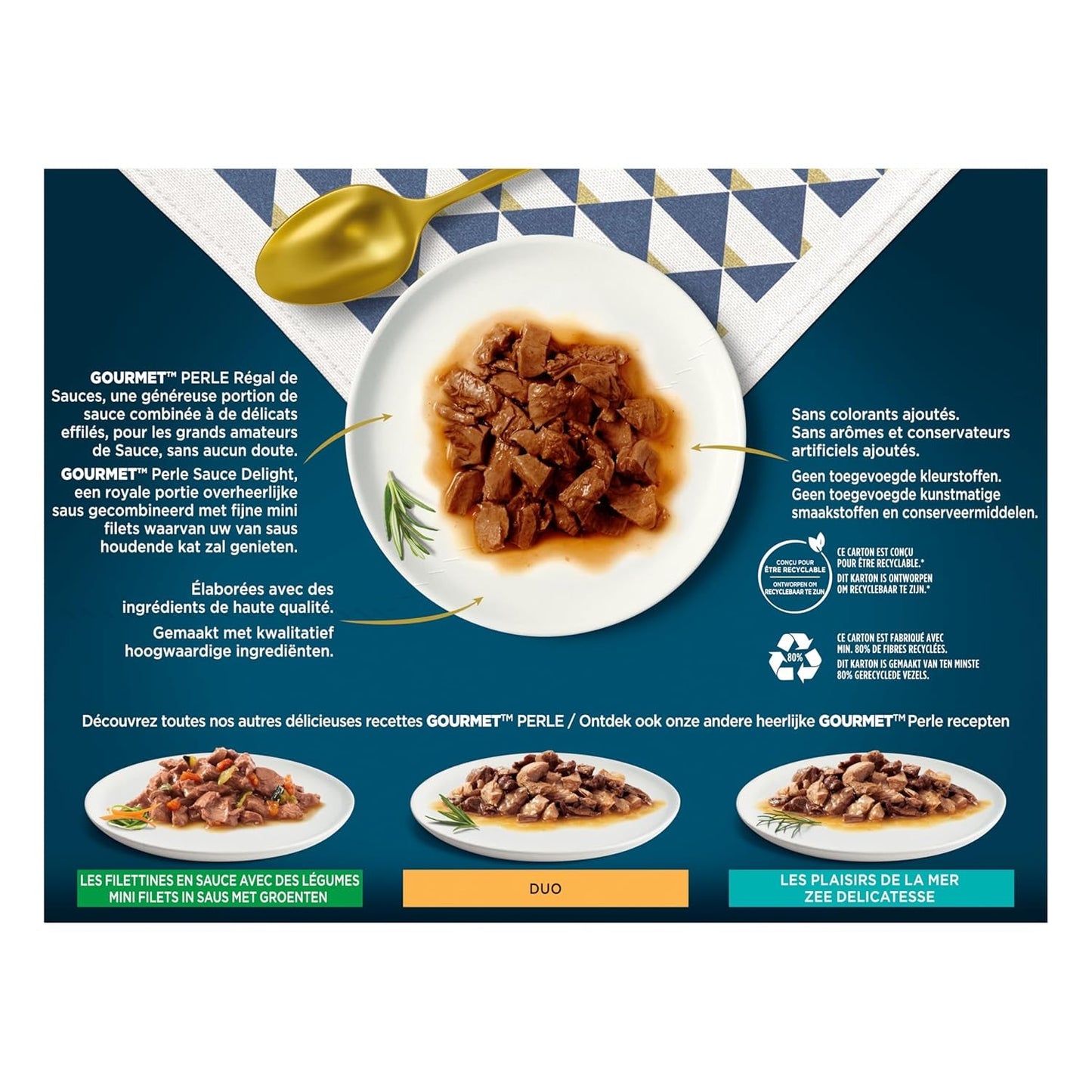 Perla | Držák na omáčku | Dospělá kočka | Hovězí maso, kuřecí maso, tuňák, losos | 12 x 85 g | Sáčky čerstvosti (balení se může lišit)