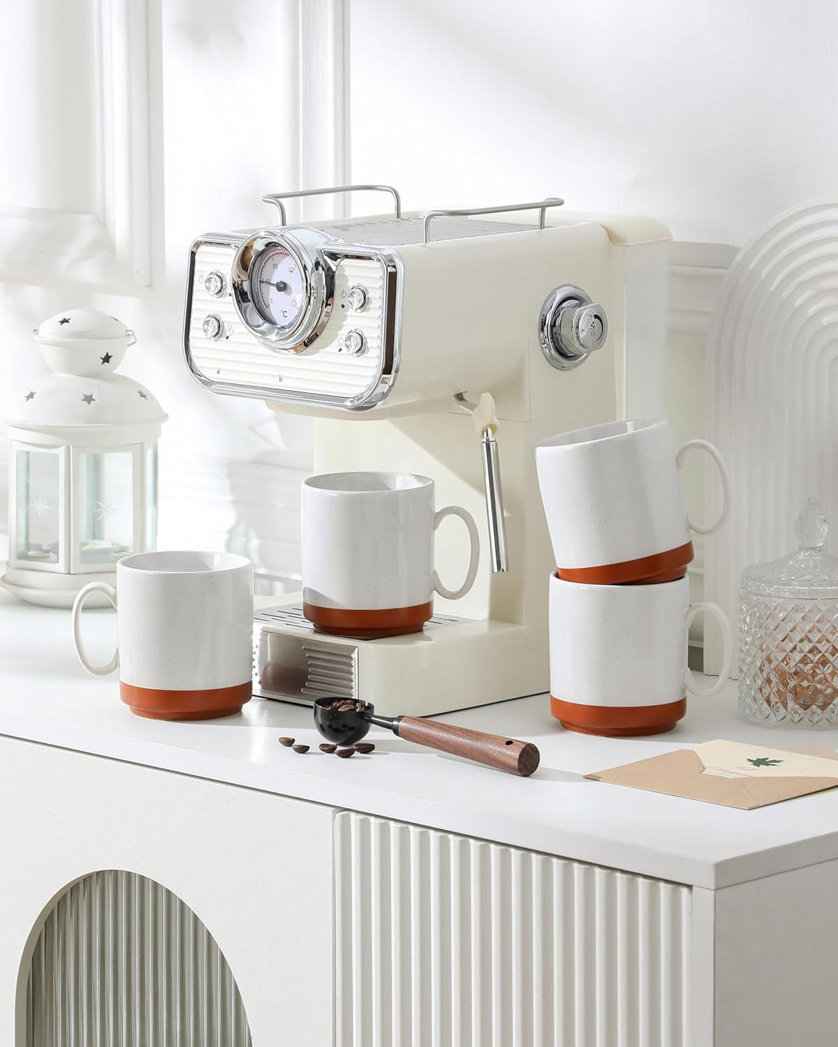 Sada hrnků na kávu MALACASA, sada hrnků z kameniny 350ml pro 4 osoby, moderní hrnky na kávu na čaj, džus, latte, cappuccino, horkou čokoládu. Vhodné do myčky a mikrovlnné trouby, série TARA, khaki bílá