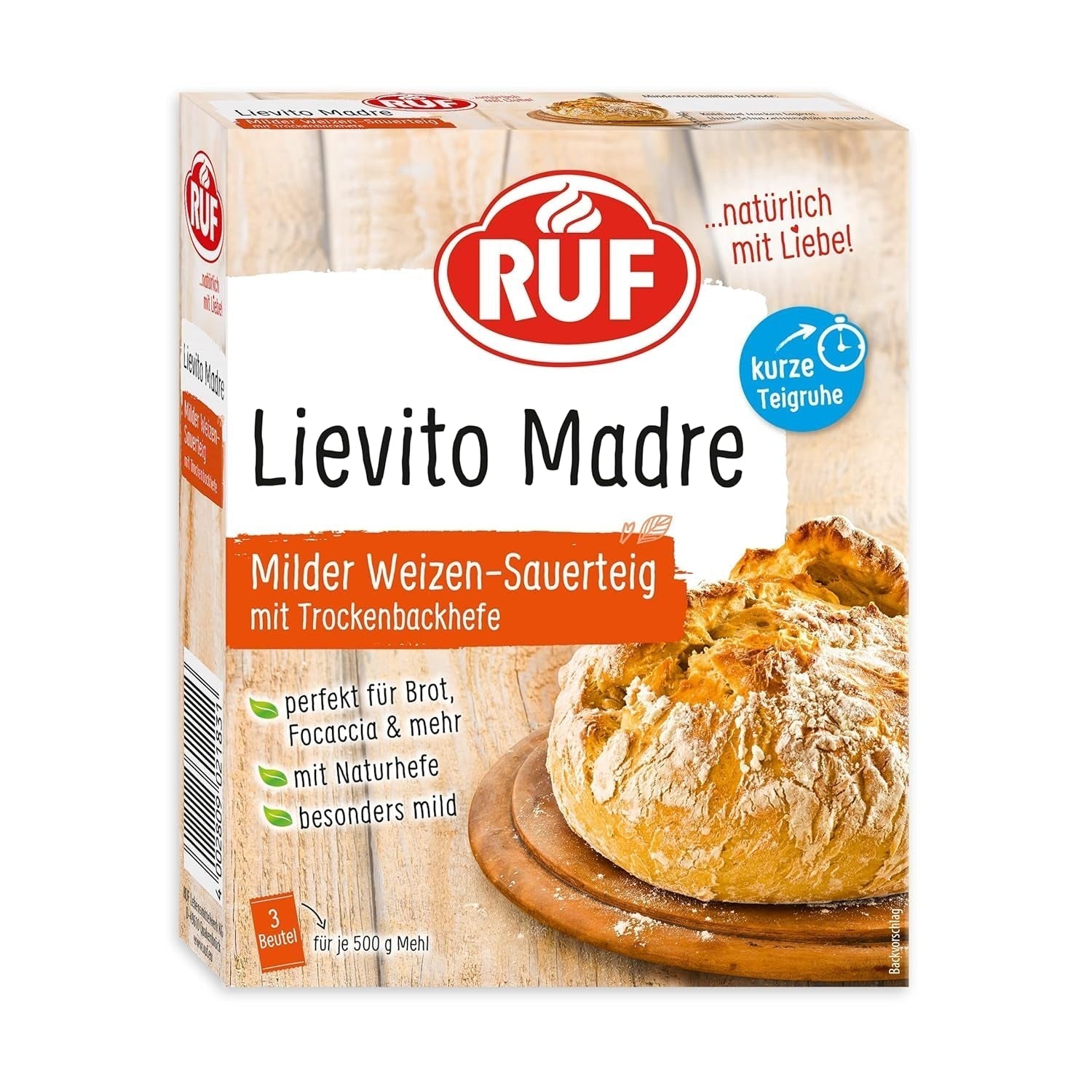 RUF Lievito Madre Sauerteig, Milder Weizen-Sauerteig, Mutterteig, Kurze Teigruhe Durch Enthaltene Trockenhefe, Lievito Madre Getrocknet Für Brot, Bageta, Focaccia, 3X35G Směs na pečení a vaření Naty Shop 35 G (3Er Teigruhe Pack) Kurze