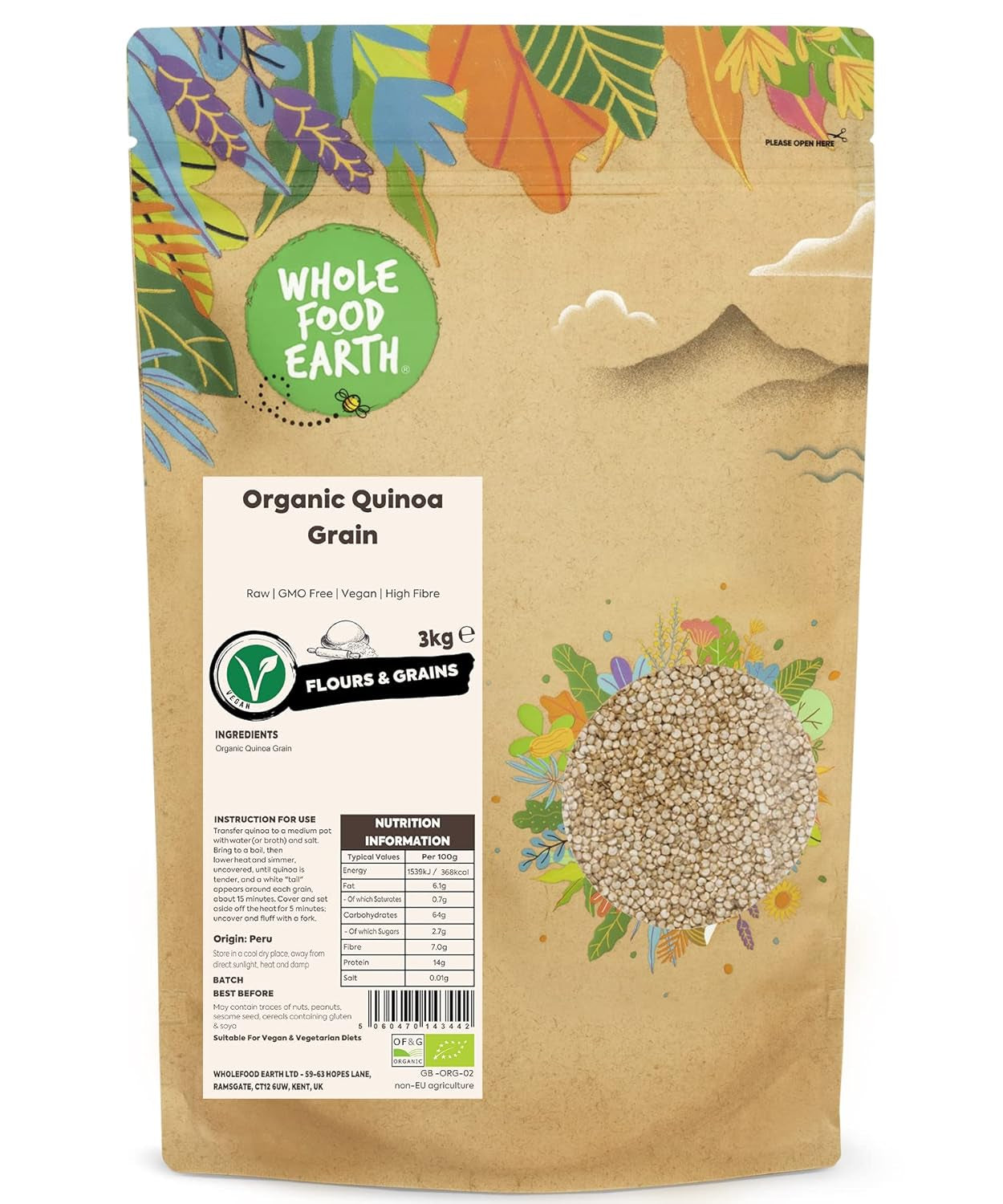 Wholefood Earth Bio zrna Quinoa – 2 kg | Krutý | Bez GMO | Vegan | Bohaté na vlákninu | Certifikované organické